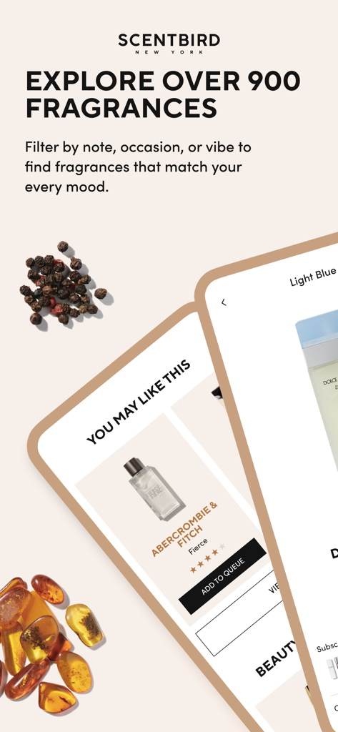 Scentbird app interface showing perfume recommendations and filtering options for designer scents