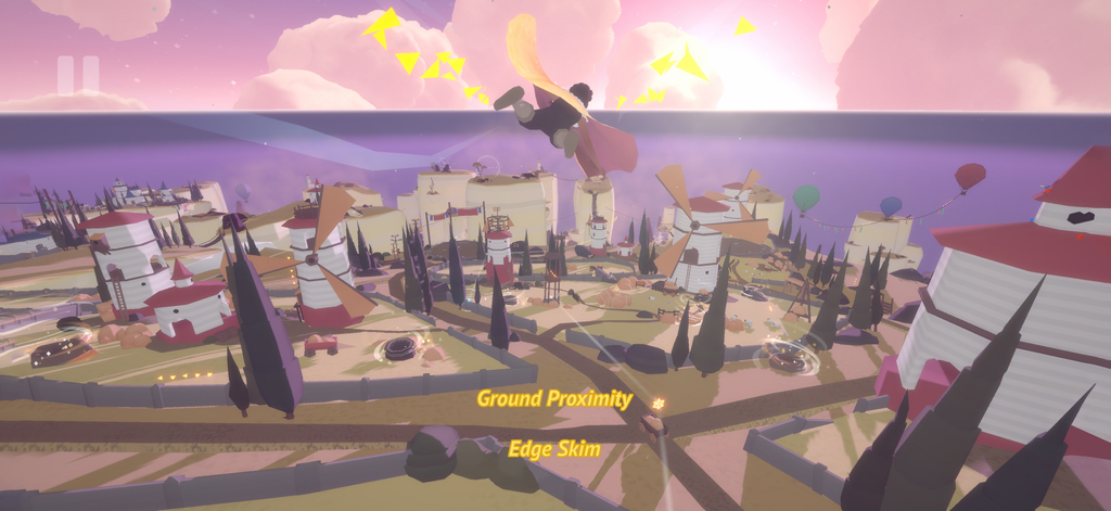 Laya's Horizon - A character glides with a wingsuit over a colorful island village with windmills and hot air balloons at sunset