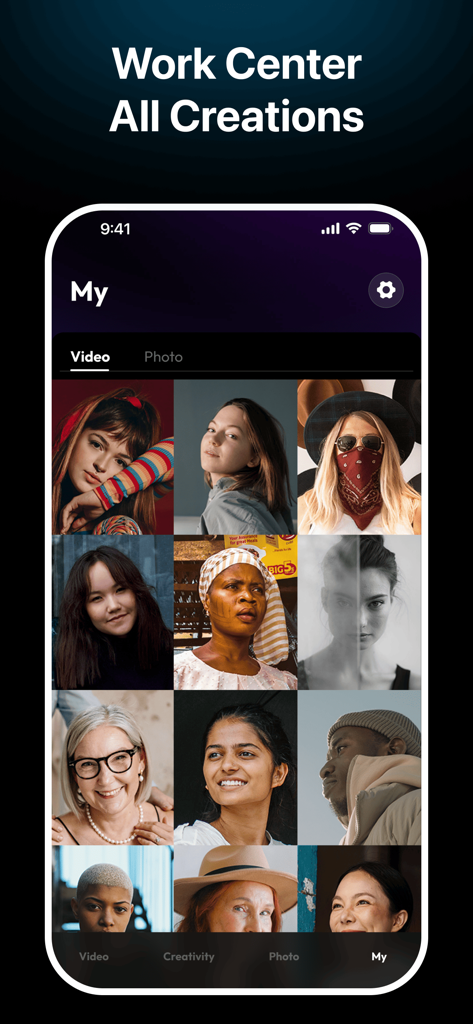 A mobile app screen showing a grid of AI-generated portraits and videos in the Vidgram Work Center.