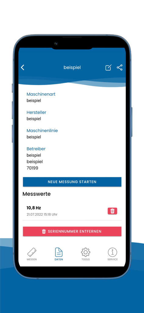 TMconnect - TMconnect app displaying belt tension frequency measurement and machine details
