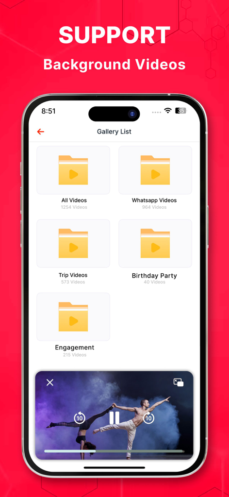 Una pantalla de smartphone que muestra una galería de videos y una superposición del reproductor de video en segundo plano.