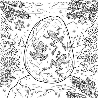 Step into a magical world where ancient amber frogs are preserved within a stunning winter landscape. This unique coloring page offers a captivating blend of natural history and seasonal charm.