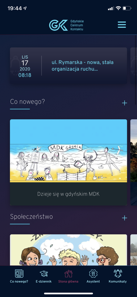 Gdynia.pl - Gdynia official city mobile app home screen interface with news traffic updates and community events