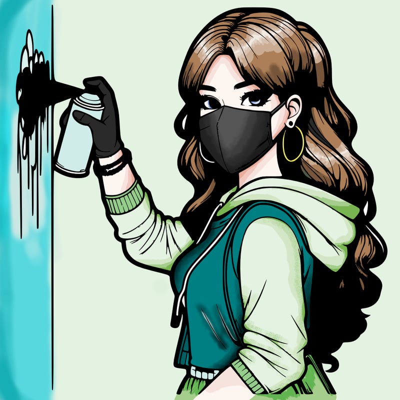 realistic girl with mask spray painting a wall