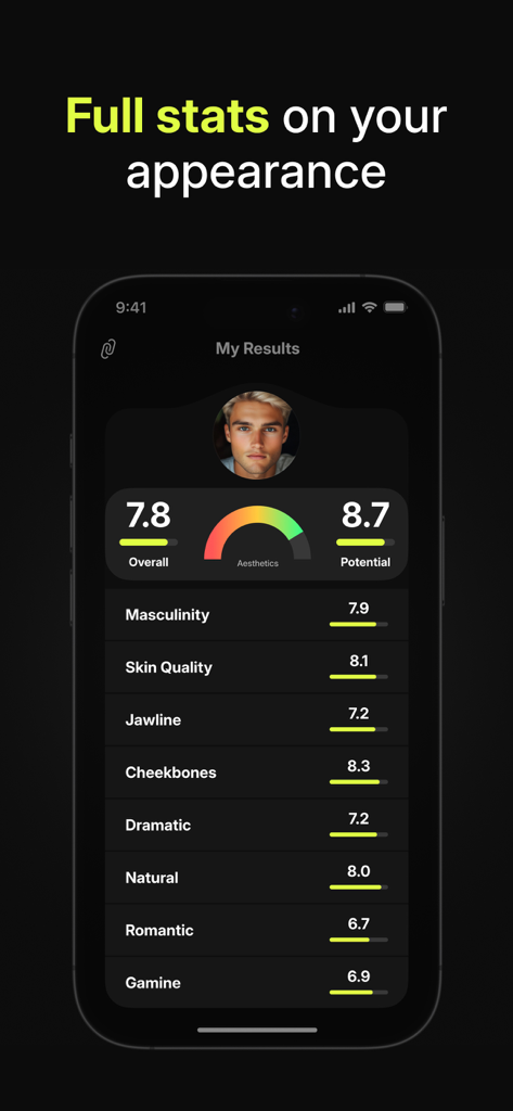 Alpha Aura: Looksmax & Umax AI - Alpha Aura app screen displaying AI scores for appearance metrics including jawline and skin quality