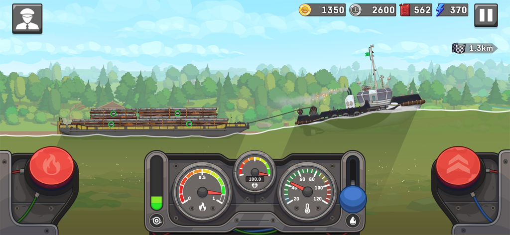 Ship Simulator: Boat Game - Jugabilidad en 2D de un remolcador transportando una barcaza cargada de troncos a lo largo de un río con un panel de control del motor