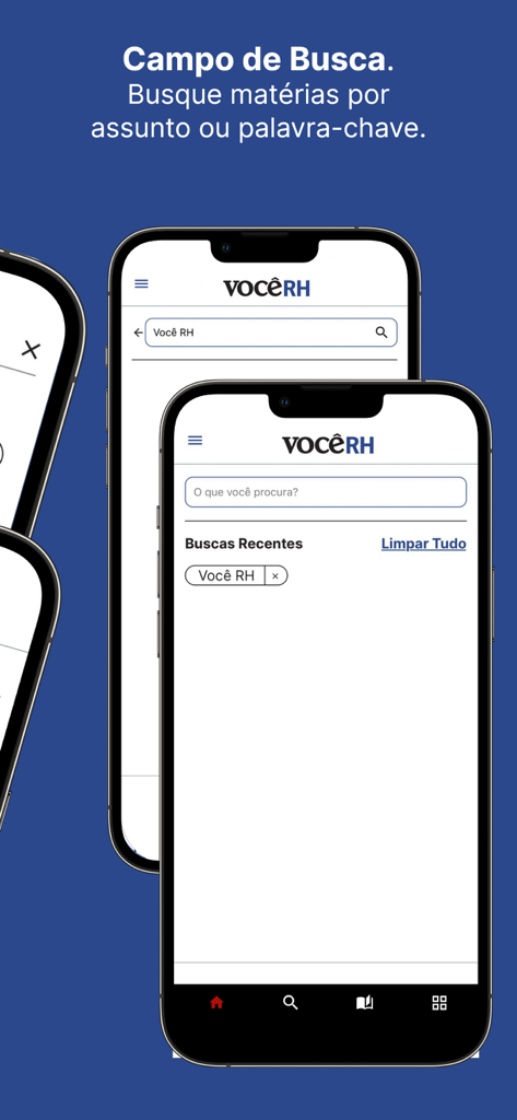 VOCÊ RH - Interface de busca do aplicativo VOCÊ RH para artigos sobre recursos humanos e liderança