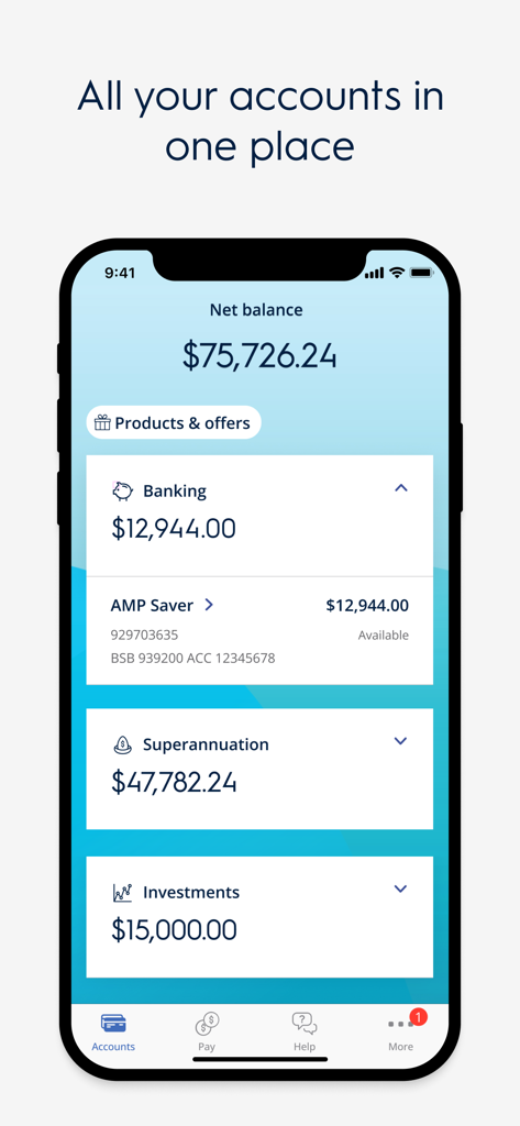 My AMP mobile app dashboard showing net balance and account summaries for banking superannuation and investments