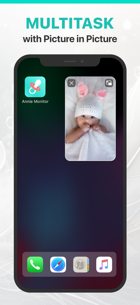 App Annie Baby Monitor che visualizza un feed live del bambino in modalità picture-in-picture sulla schermata principale di un iPhone