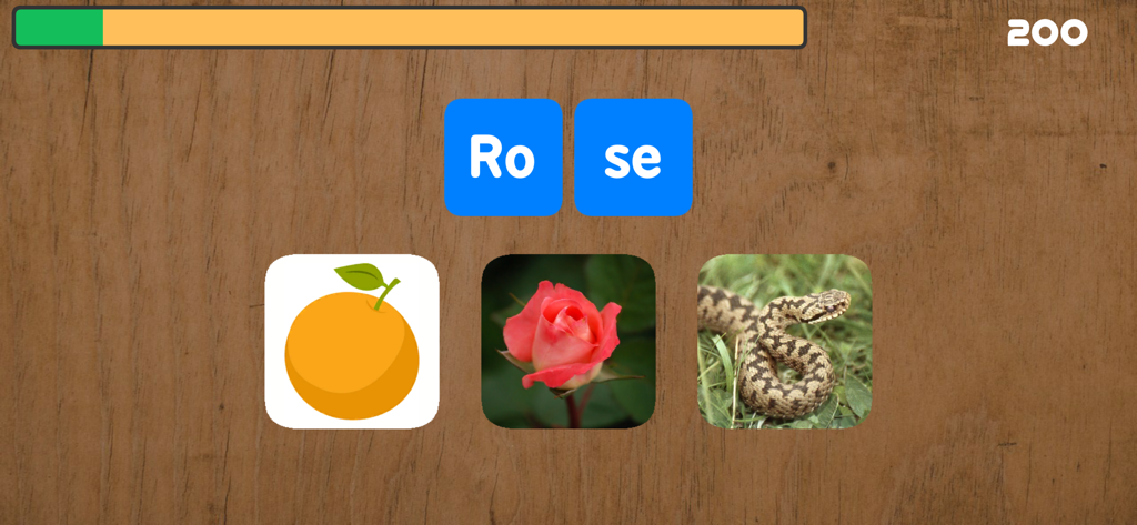 Silben lesen lernen - Bildschirm einer deutschen Lern-App, auf der Kinder die Silben Ro und se zuordnen, um das Wort Rose zu bilden