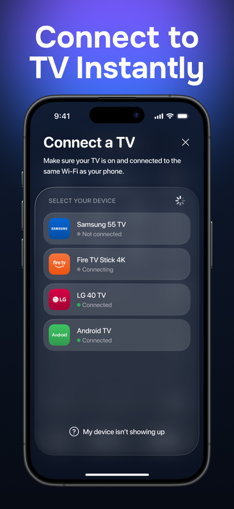 Universal TV Remote Control․ - Interfaz de la app RIMO mostrando una lista de dispositivos de Smart TV como Samsung y LG listos para conexión instantánea.