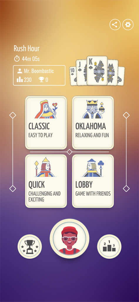 Gin Rummy: Classic Card Game - Main menu screen of Gin Rummy Classic Card Game showing modes for Classic Oklahoma Quick and Lobby with player avatar
