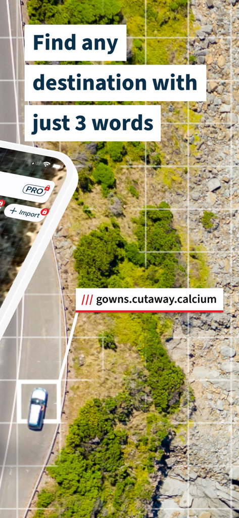 Aerial view of a car on a road with a precise three-word location tag and grid overlay