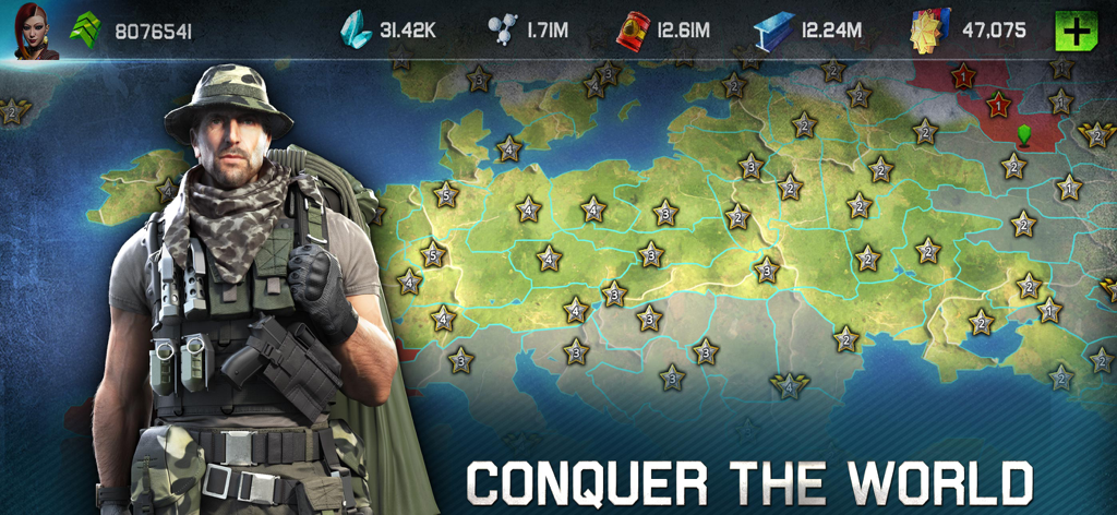 War Planet Online: MMO Battle - A military commander standing in front of a global map in War Planet Online with the text Conquer the World