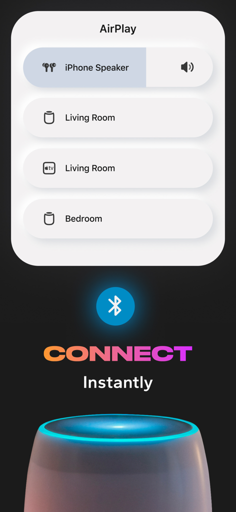 AirPlay and Bluetooth connection screen showing options to link the phone microphone to external speakers instantly.