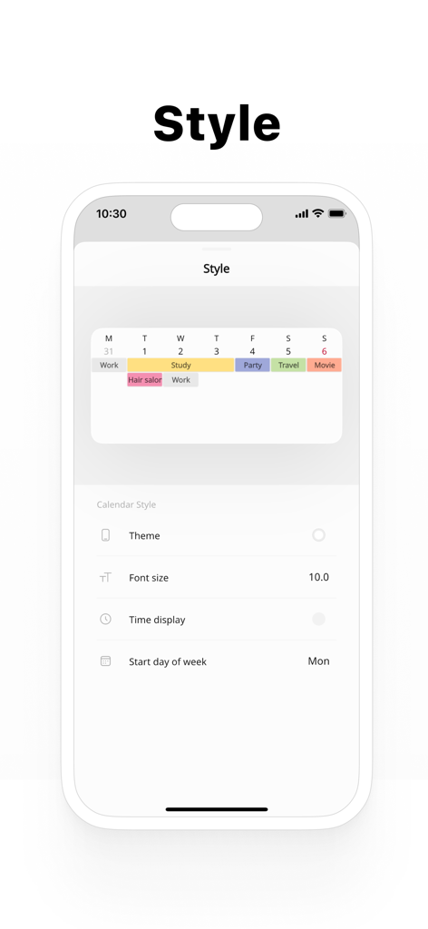 Interface para personalizar o estilo do calendário com opções de tamanho de fonte do tema e dia de início da semana.