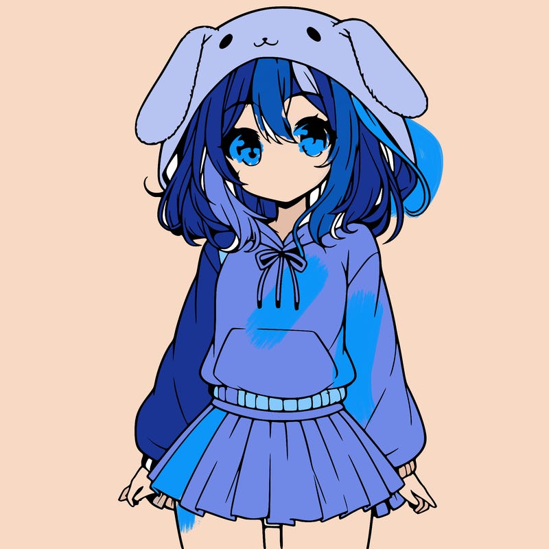 pretty anime girl wearing a fluffy hoodie with bunny ears on the hood and a skirt