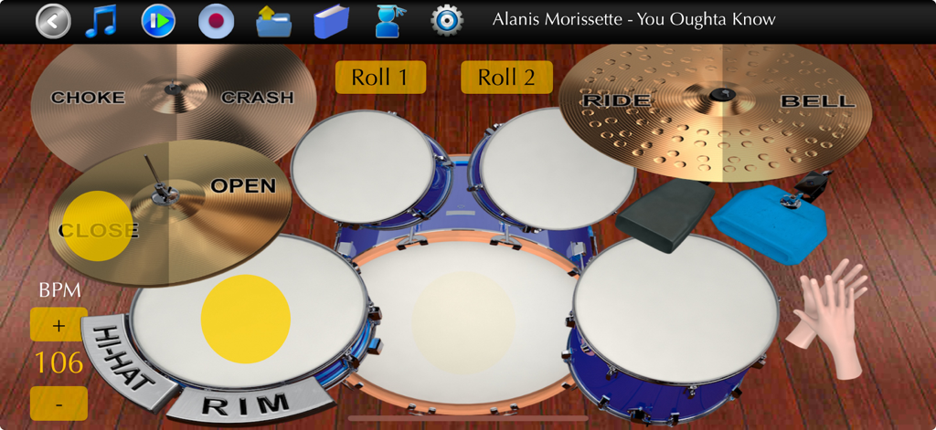 Learn Drums - Drum Kit Beats - User interface of Learn Drums app showing a 3D virtual drum kit with song title and practice tools