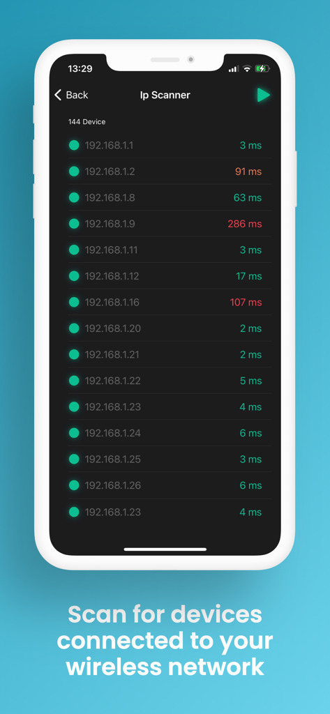 Una interfaz móvil de la app NetScan que muestra una lista de dispositivos conectados a una red inalámbrica con sus direcciones IP y tiempos de respuesta de ping.