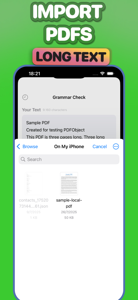 Grammar Check Corrector + - Grammar Check Corrector app screen showing the import PDF feature for analyzing long text