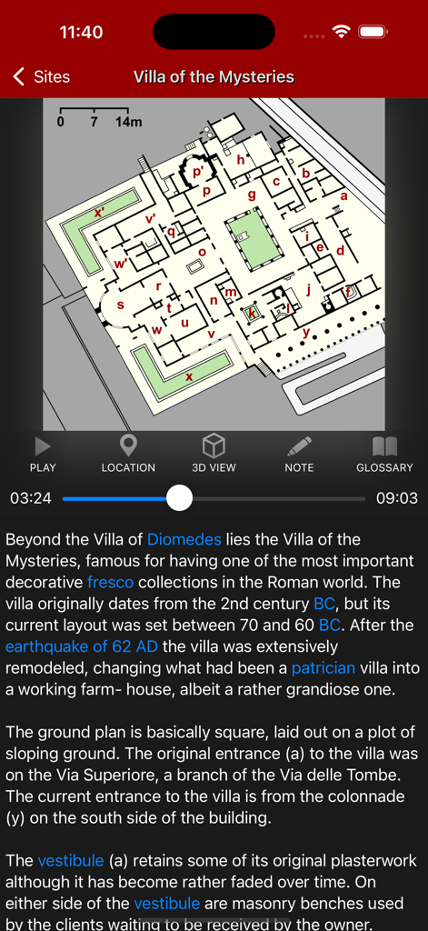 Captura de pantalla de la aplicación Pompeii Tour mostrando un plano y una descripción histórica detallada de la Villa de los Misterios