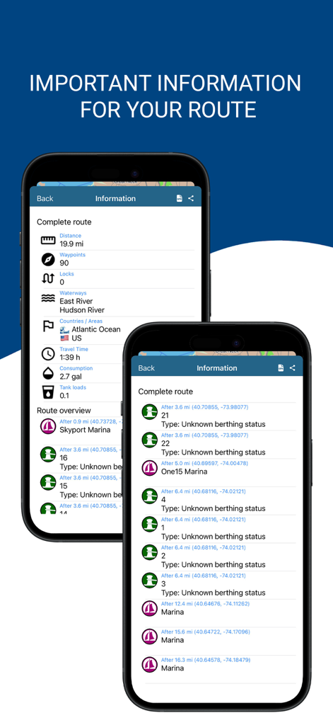 NavShip mobile app displaying boat route summary and marina navigation data