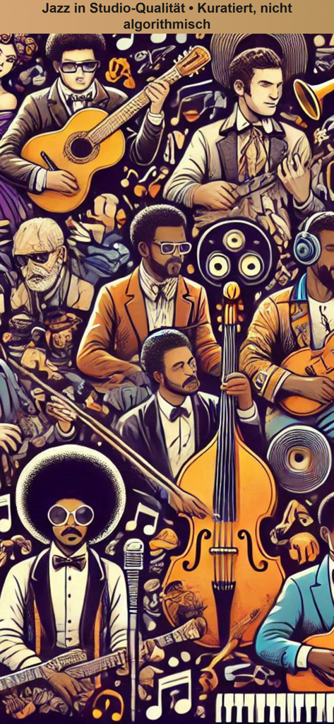Mother Earth Radio - Vibrant jazz musicians illustration promoting human-curated studio quality audio