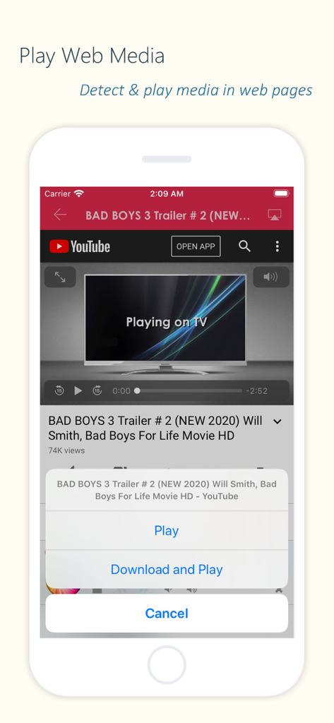 TV Assistアプリのインターフェースが、再生とダウンロードのオプションが表示されたスマートTVへのYouTube Webビデオのキャストを示すiPhoneを表示しています