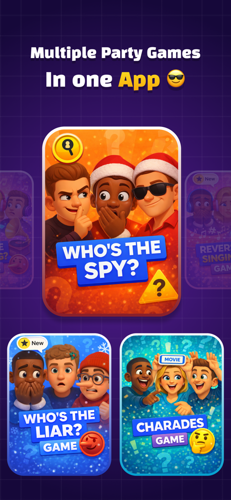 Interfaz de aplicación móvil que muestra múltiples juegos de fiesta como Quién es el Espía y Mímica en una sola aplicación