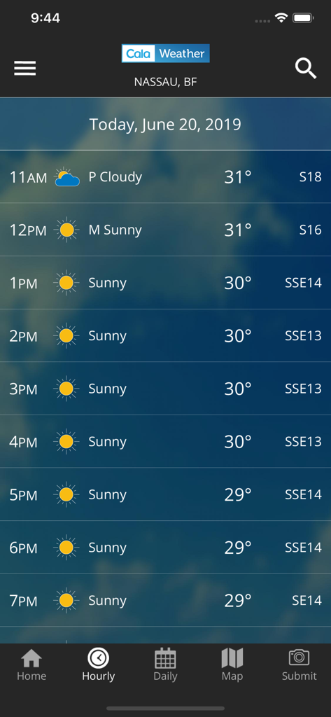 CalaWeather - CalaWeather app hourly weather forecast for Nassau showing sunny conditions and temperatures