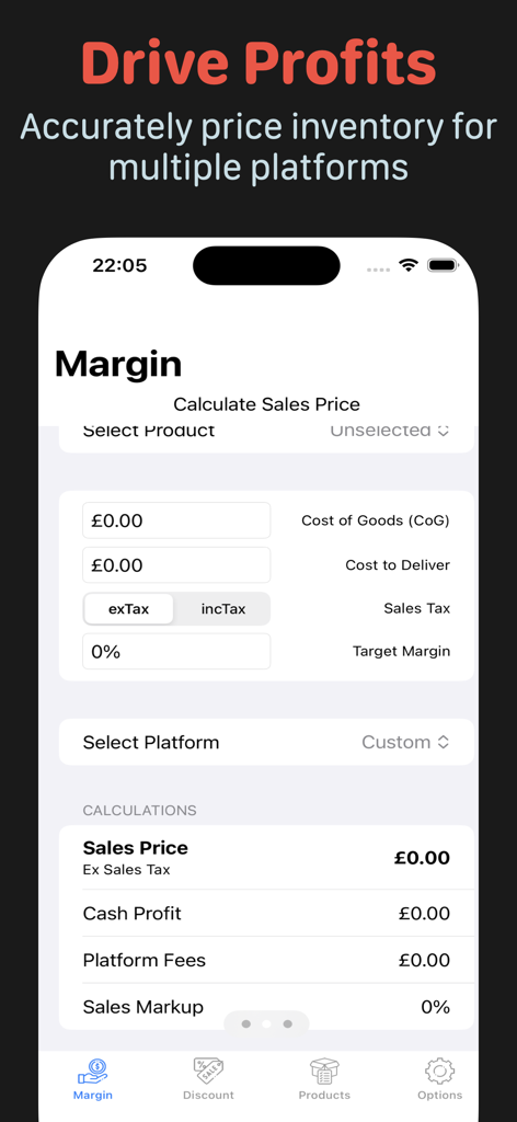 Gross Margin Calc app interface showing profit and sales price calculations for e-commerce inventory