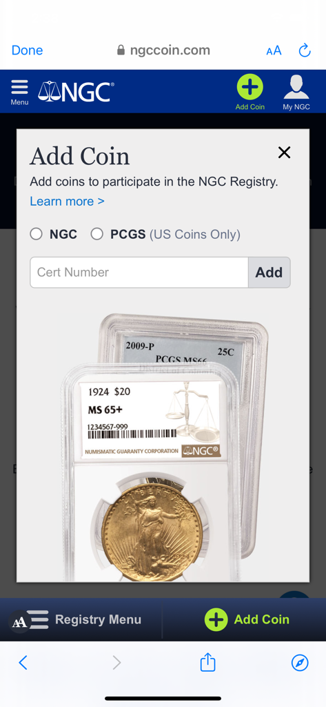 NGC - Interface for adding NGC or PCGS coins to the Registry using a certification number