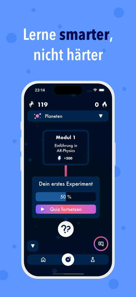 AR-Physics app interface showing a learning path with physics modules and experiment progress