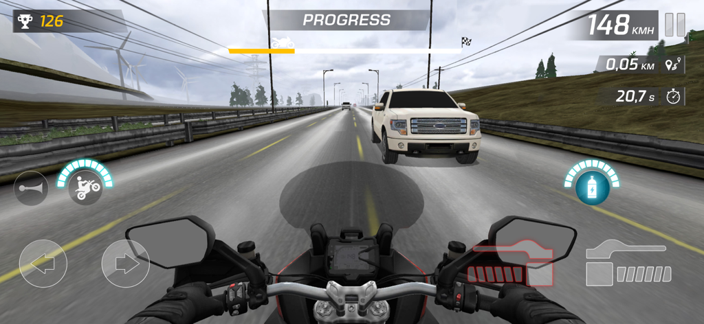 Bike Rush 3D: Traffic Driving - First-person perspective of a motorcycle racing on a highway through traffic in Bike Rush 3D