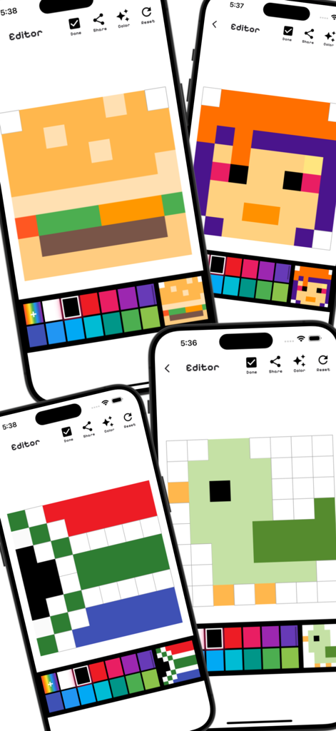 Block Art Color PixelArt Photo - Screenshots of the 8x8 pixel art editor showing various block art designs and color palettes
