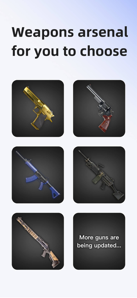 Gun Simulator Shooting Games - A selection of virtual firearms including a golden handgun revolver and assault rifle in the weapons arsenal