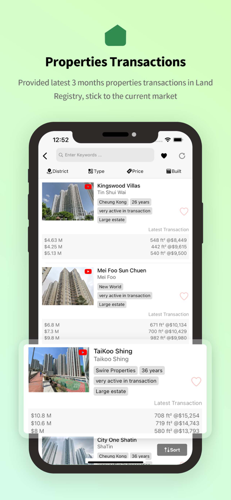 28Hse mobile app screen showing Hong Kong real estate transaction history and market data