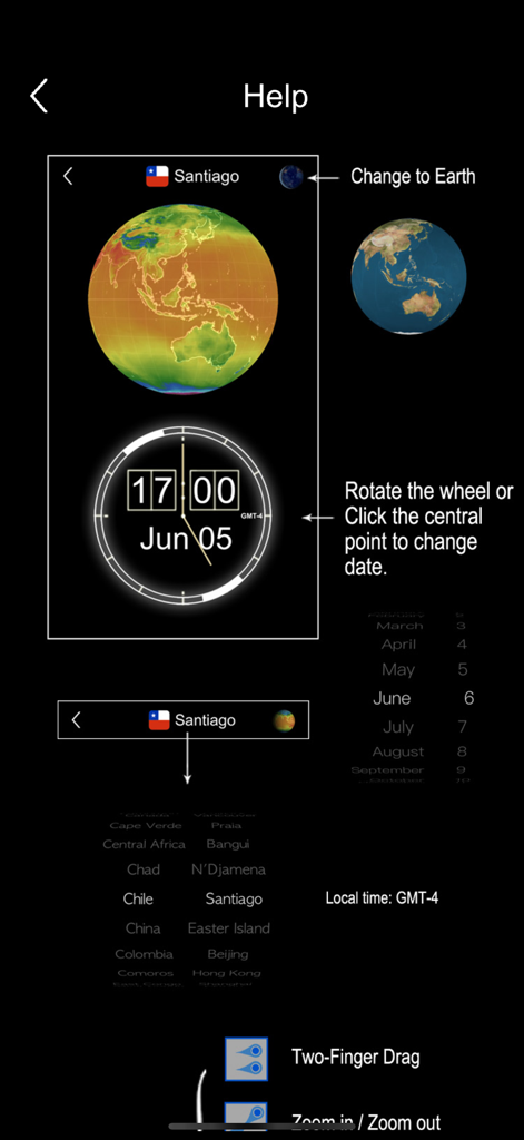 3D Global Temperature Map - 앱에서 3D 지구본 회전 및 날짜 휠 사용 지침을 보여주는 튜토리얼 화면