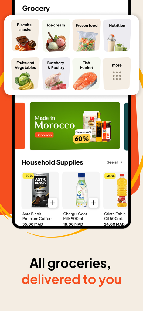 Interfaccia dell'app DONE che mostra varie categorie di generi alimentari come snack, carne e prodotti freschi per consegne veloci in Marocco.