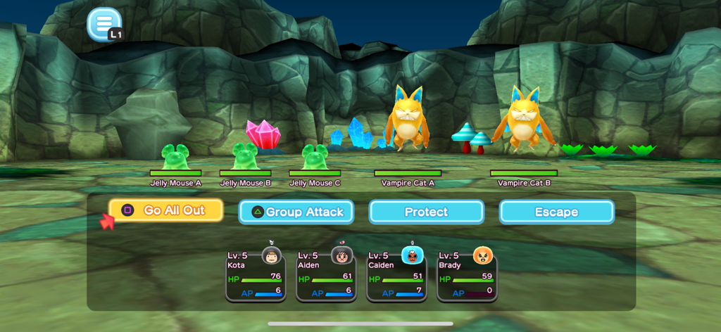 THE NEW DENPA MEN - A turn-based RPG battle in THE NEW DENPA MEN showing characters Kota and Aiden facing Jelly Mouse and Vampire Cat enemies.