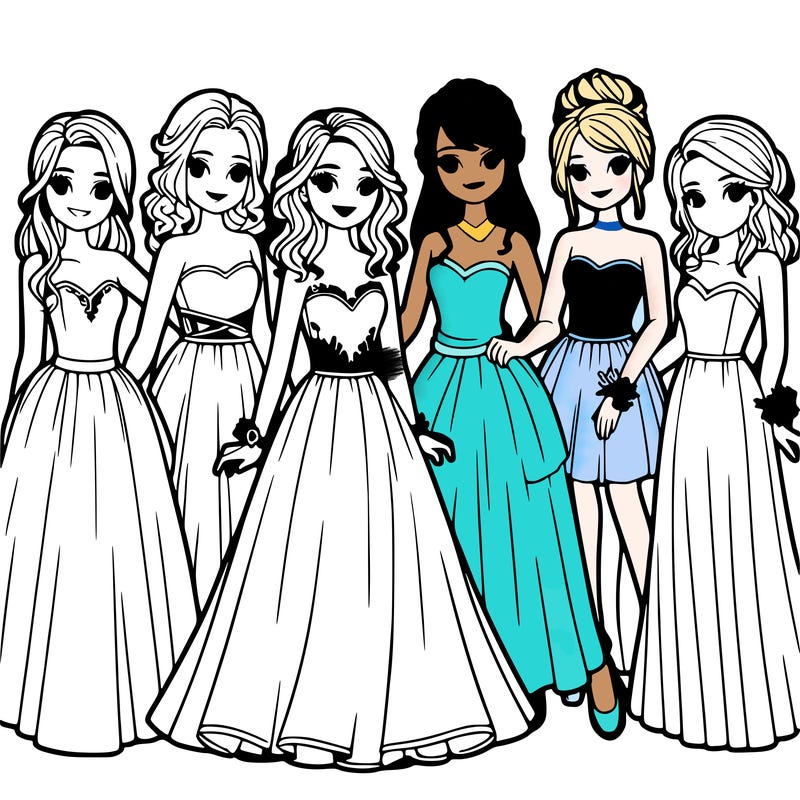 group of teenage girls in prom dresses