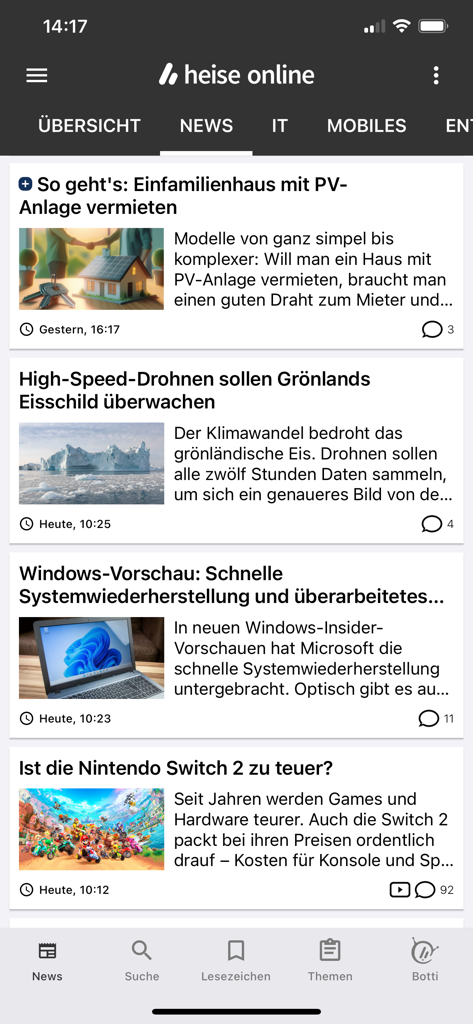 Eine mobile App-Oberfläche von heise online mit mehreren IT-Nachrichtenartikeln mit Schlagzeilen und Thumbnails
