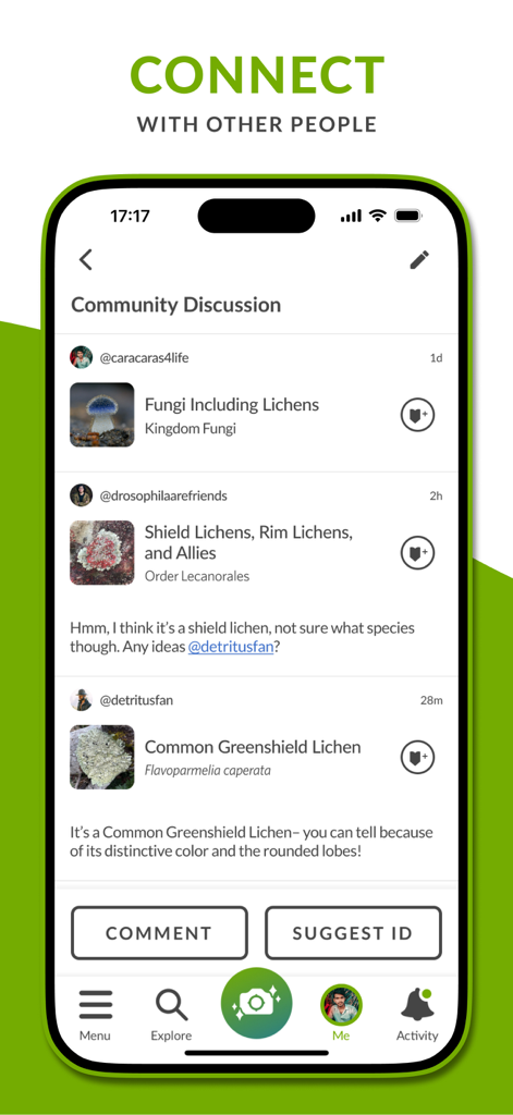 iNaturalist - Pantalla móvil de la aplicación iNaturalist que muestra una discusión comunitaria para la identificación de especies con fotos de hongos y líquenes.