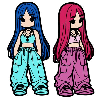 girl in baggy pants crop top and long hair