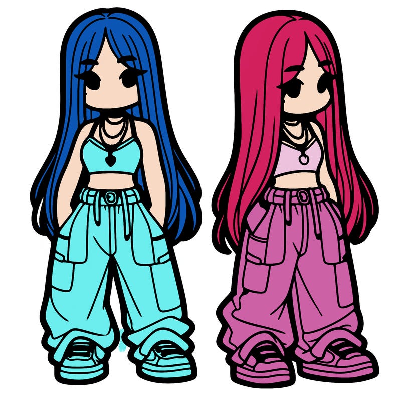 girl in baggy pants crop top and long hair