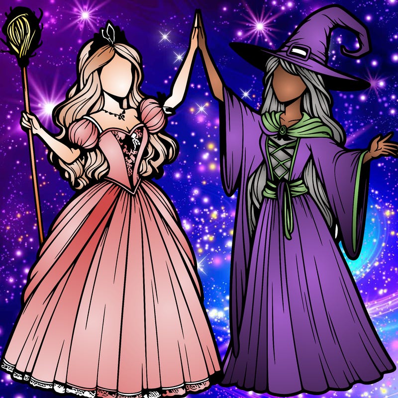 detailed realistic split of a princess and a witch