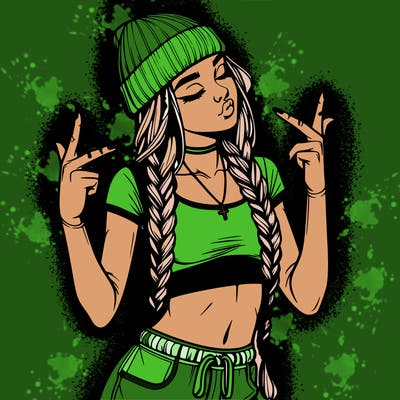 realistic teenage girl with braids and a beanie and crop top doing 🫶🏼