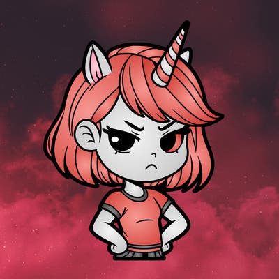 hey unicorn girl that has short hair and is kind of always upset named moody unicorn twin