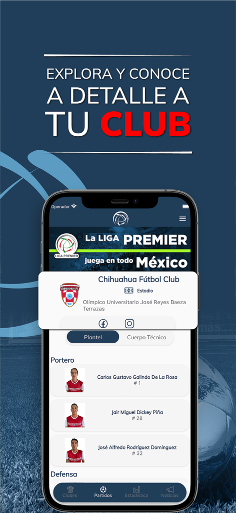 LIGA PREMIER Oficial - Liga Premier Oficial app displaying Chihuahua Futbol Club roster with player photos and names