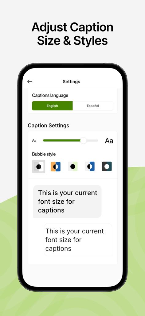 Interface para ajustar o tamanho das transcrições e os estilos visuais na aplicação CaptionCall Mobile
